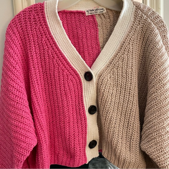 Made with Love Split Pink and Brown Cropped Cardigan - Picture 2 of 4